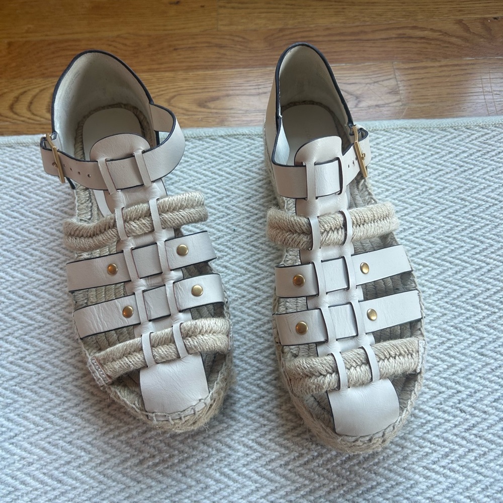 Tory Burch Cream Braided Rope and Leather Gladiator Sandals with Gold Studs